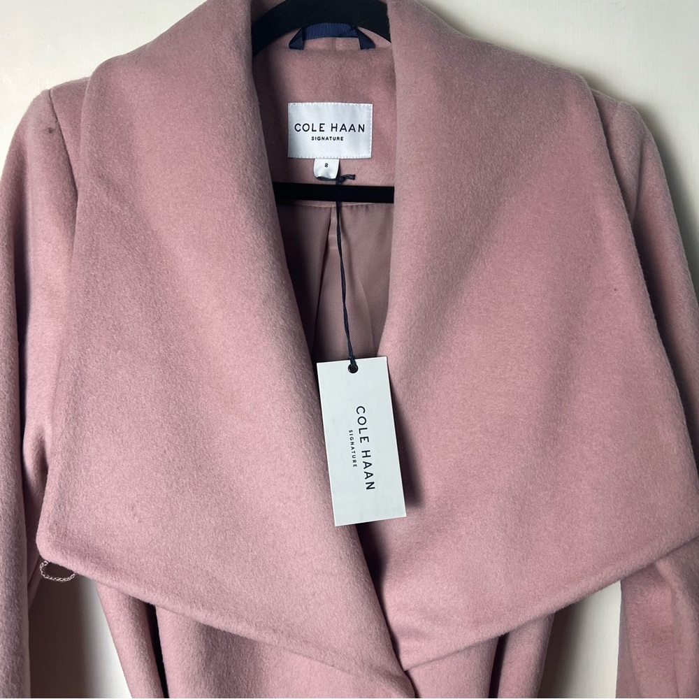Cole Haan - Women’s Slick Wool Blend Wrap Coat Shawl Collar Belted Pink - Sz. 8 - Picture 6 of 11